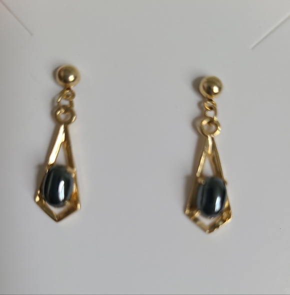 Vintage Gold Plated Ball Hematite Cabochon Drop Dangle Evening Boho Earrings - Picture 2 of 8